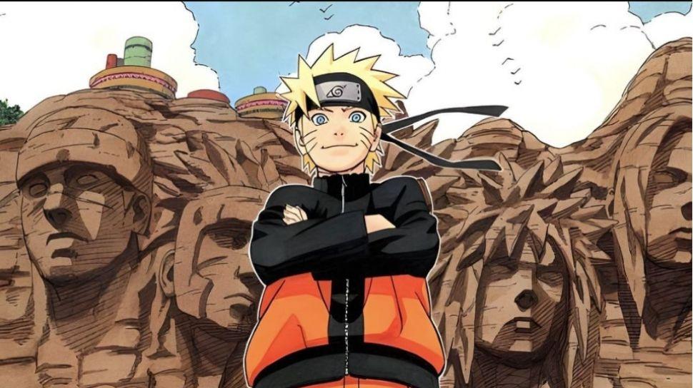 Naruto em frente aos rostos dos Hokage