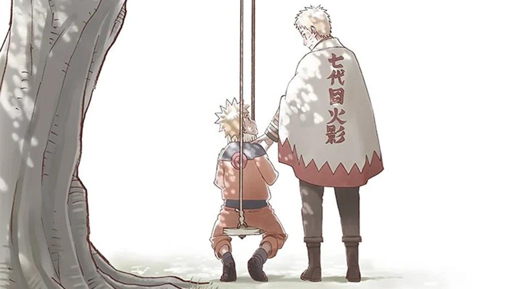 Naruto criança ao lado de Naruto como Hokage