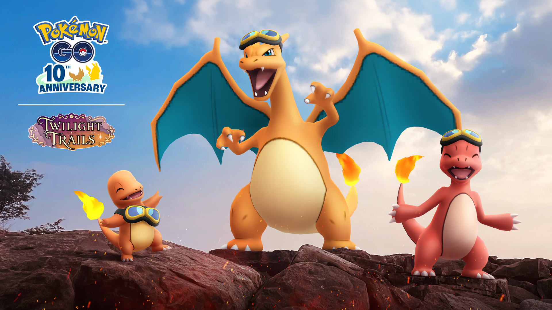 Charmander e Charizard com os óculos de Friede no evento de Pokémon GO